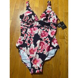 DKNY Womens One-Piece Swimsuit Size 16 Printed Ruffled Poppy Scallop Nylon‎ NWT